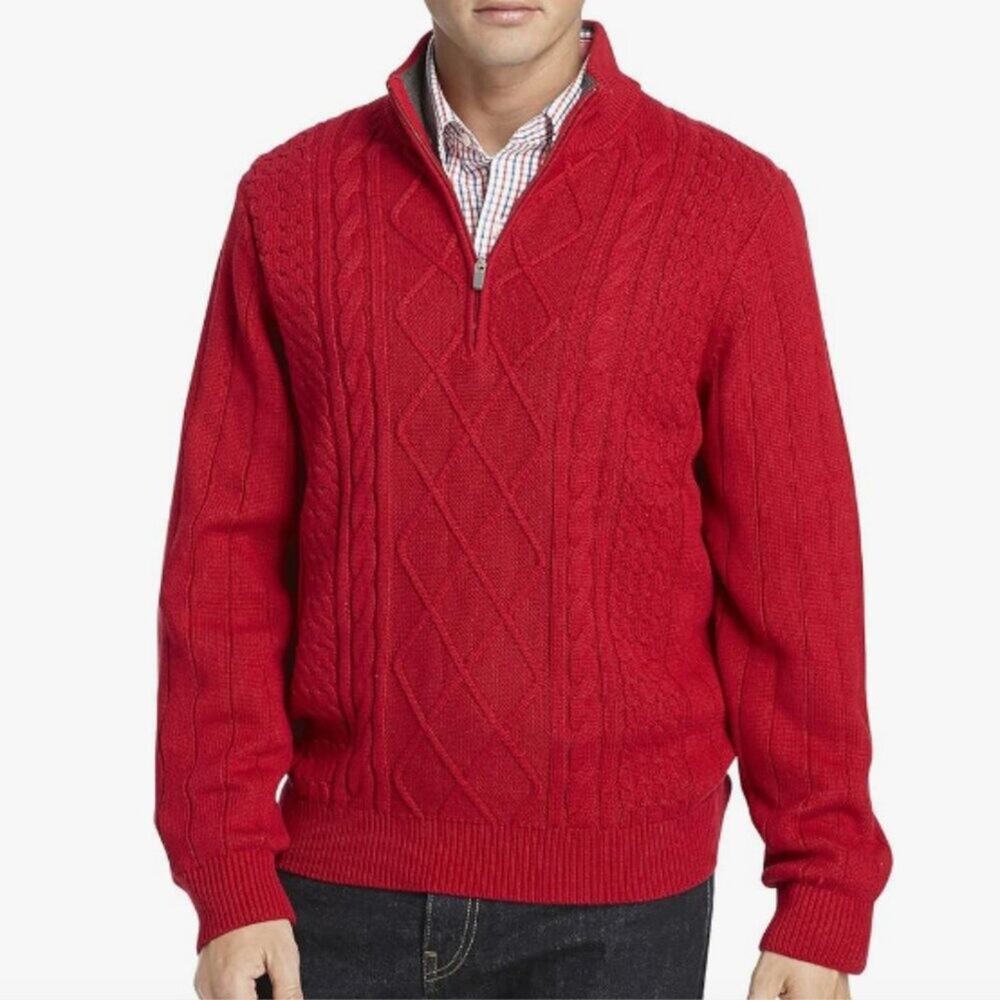 IZOD Men's 1/4 Zip Aran Sweater with Ribbed Knitting - SIZE - = LARGE